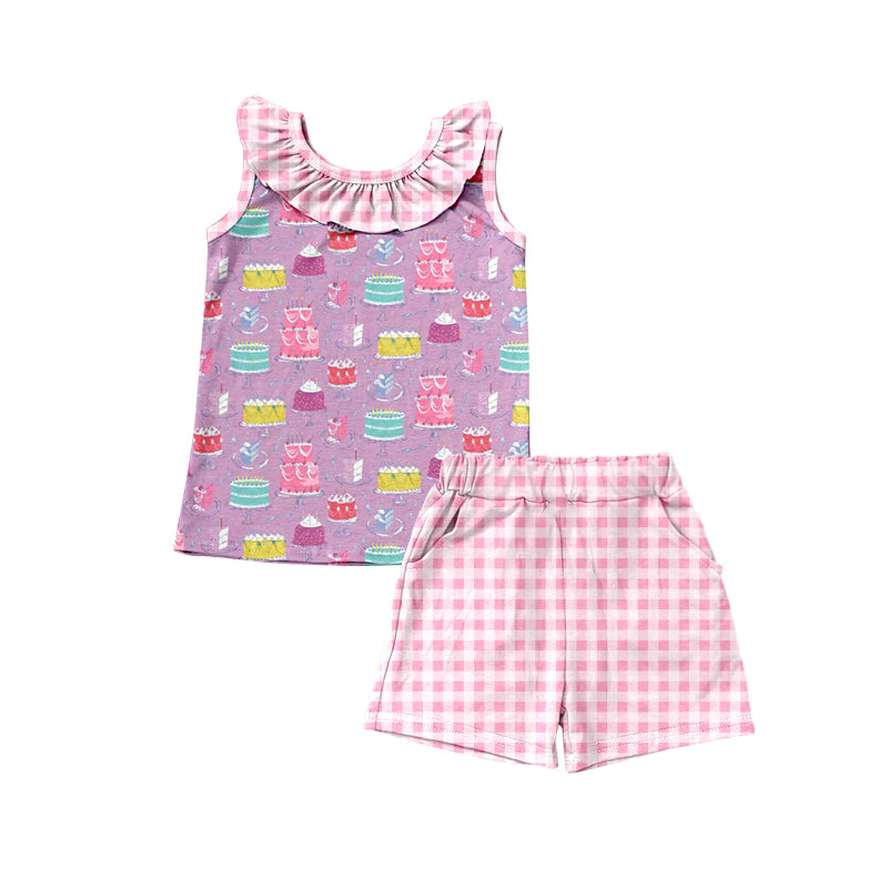 Sleeveless cake top plaid shorts happy birthday girls clothes