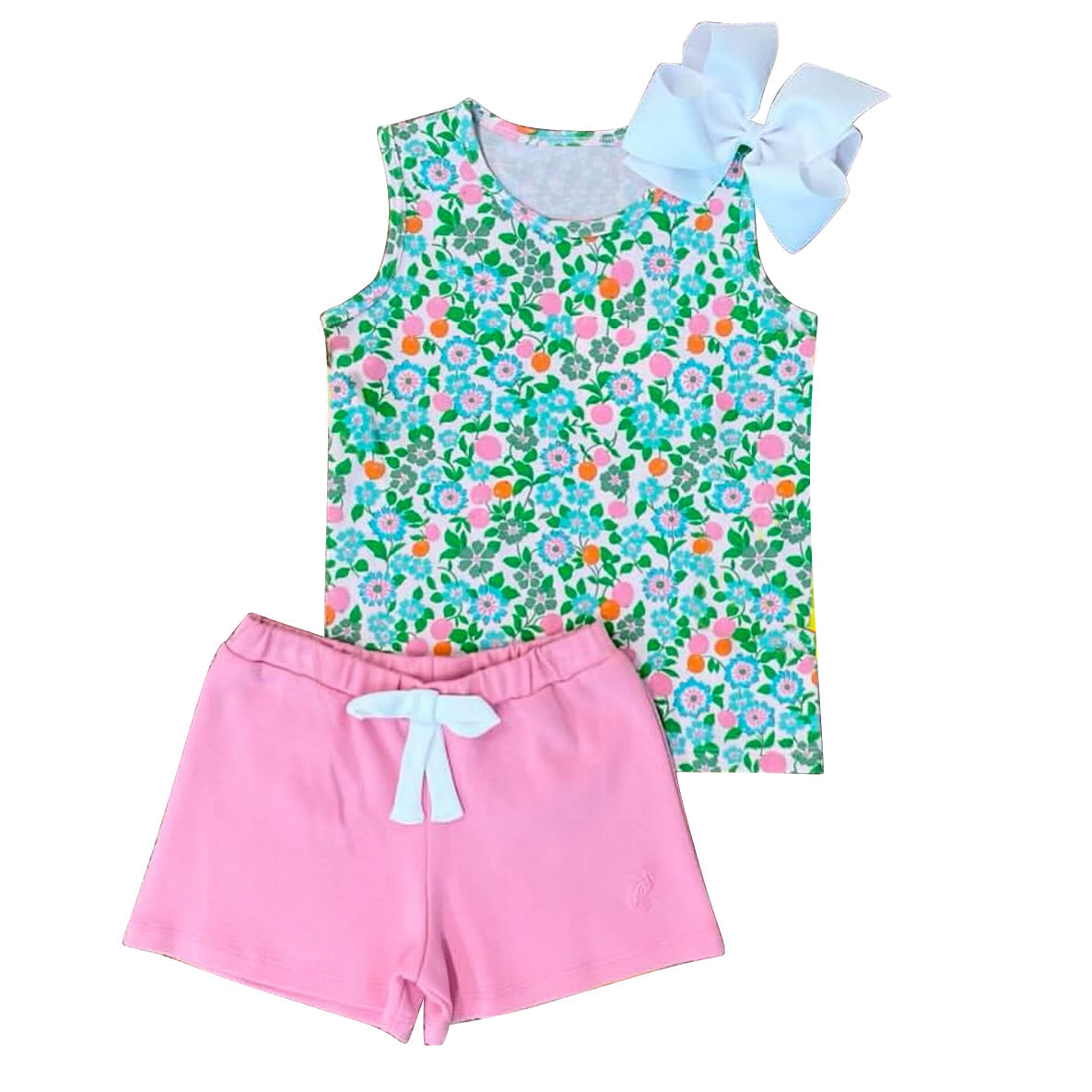 Sleeveless green floral top pink shorts girls clothing set