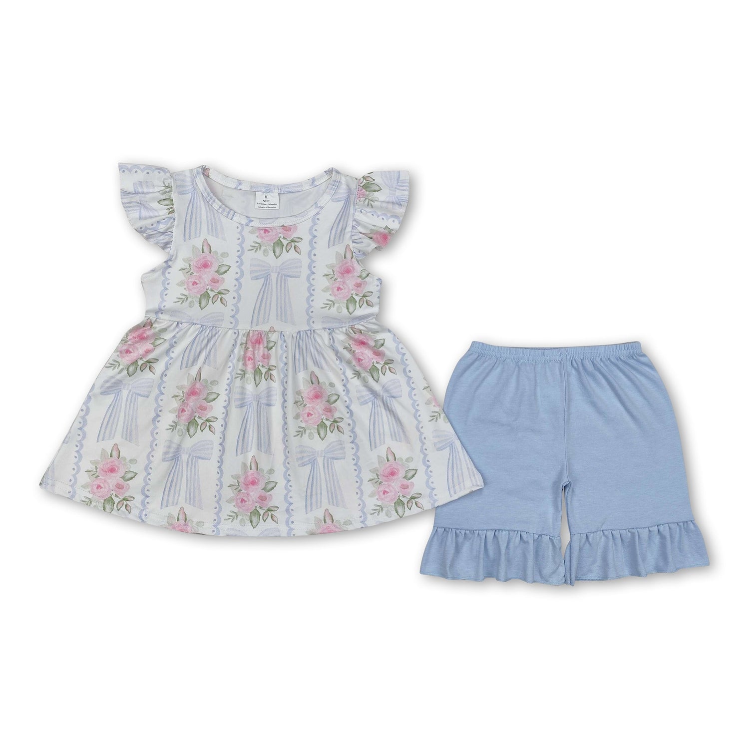 Floral light blue bow tunic ruffle shorts girls clothes