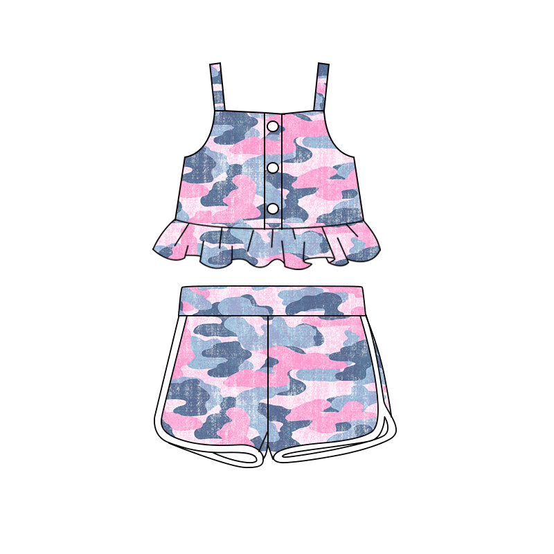 Pink camo straps ruffle top shorts girls clothing set