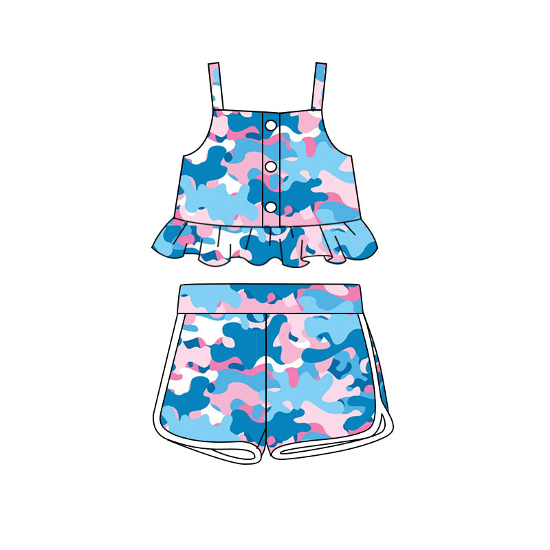 Blue camo straps ruffle top shorts girls clothing set