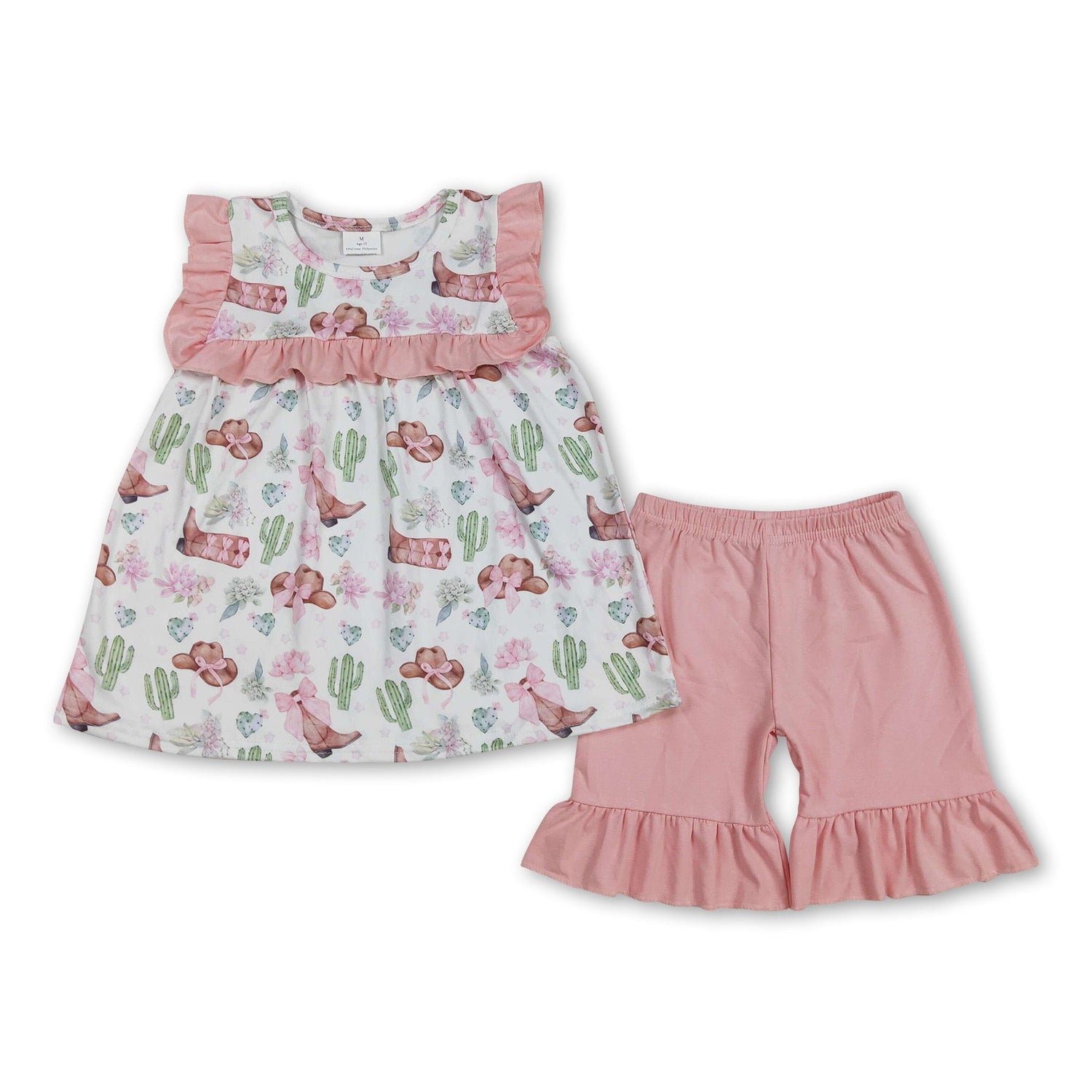 Pink ruffle cactus boots hat western girls clothing set