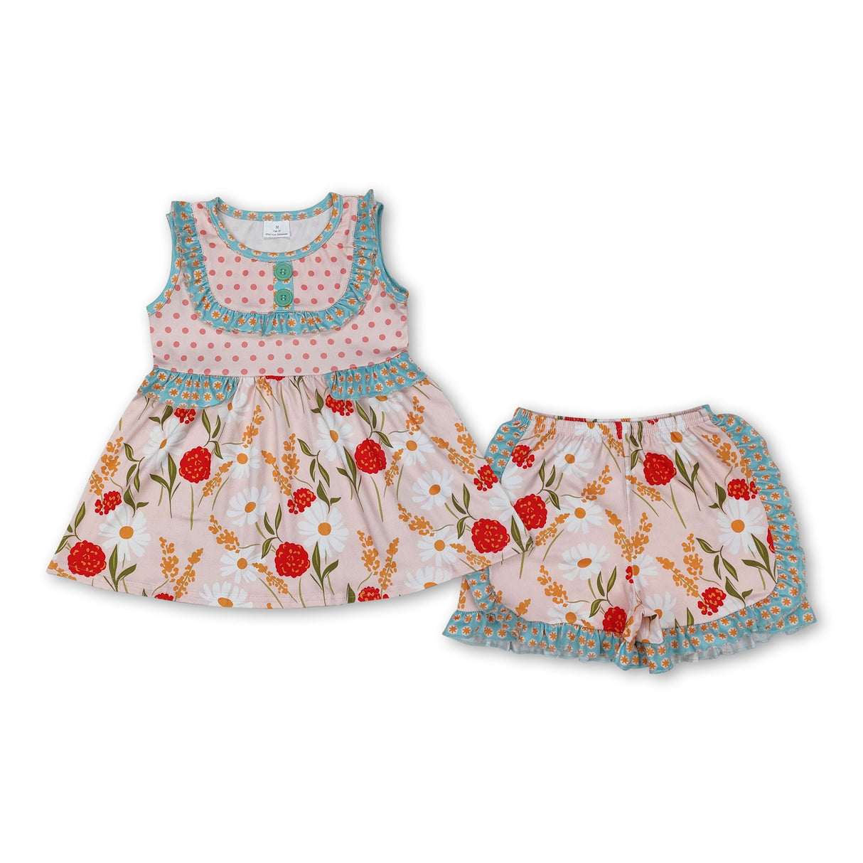 Sleeveless polka dots floral tunic ruffle shorts girls clothes