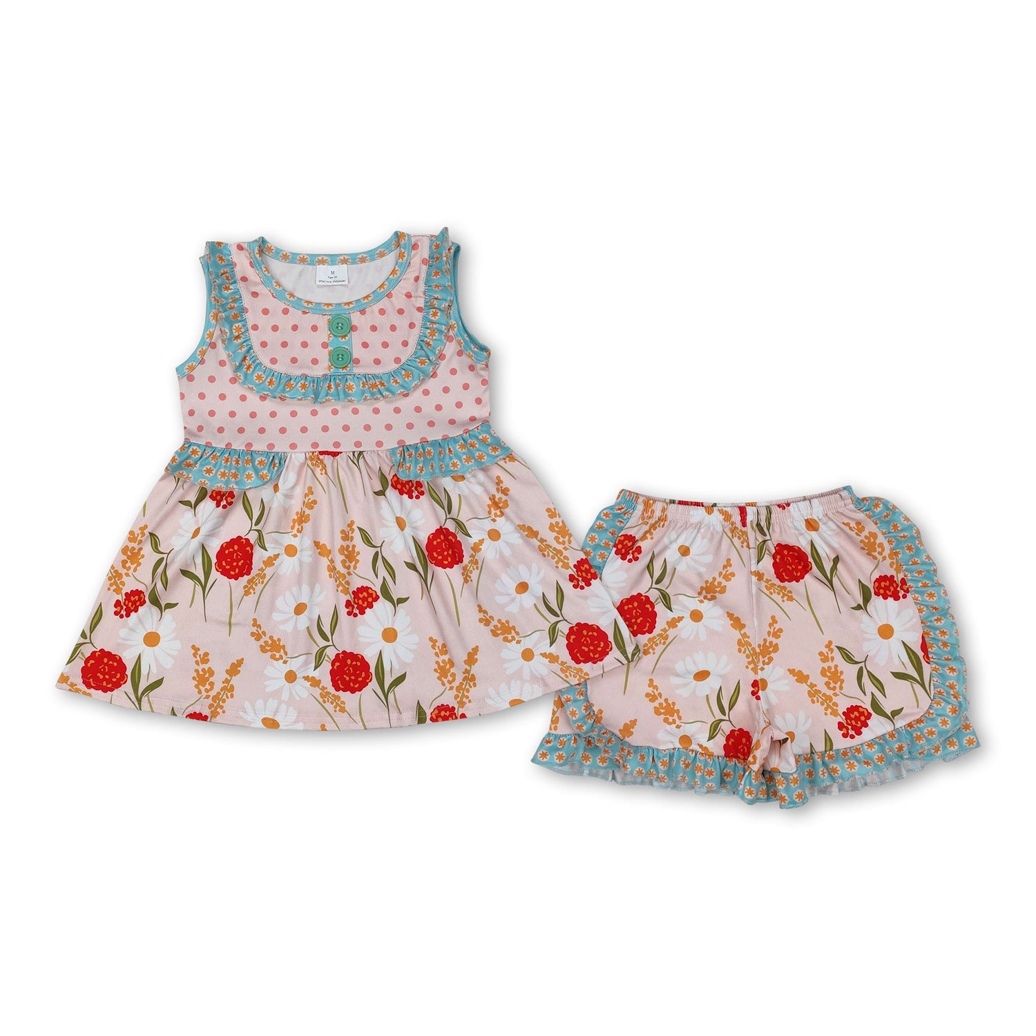 Sleeveless polka dots floral tunic ruffle shorts girls clothes