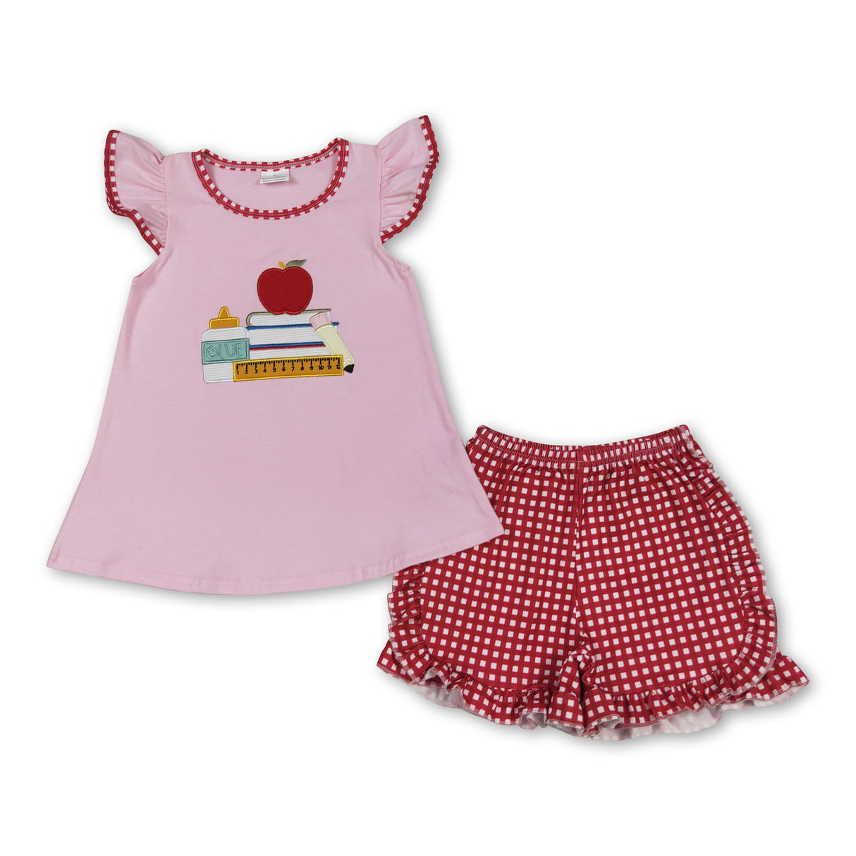 Pink glue book apple top shorts girls back to school clothes