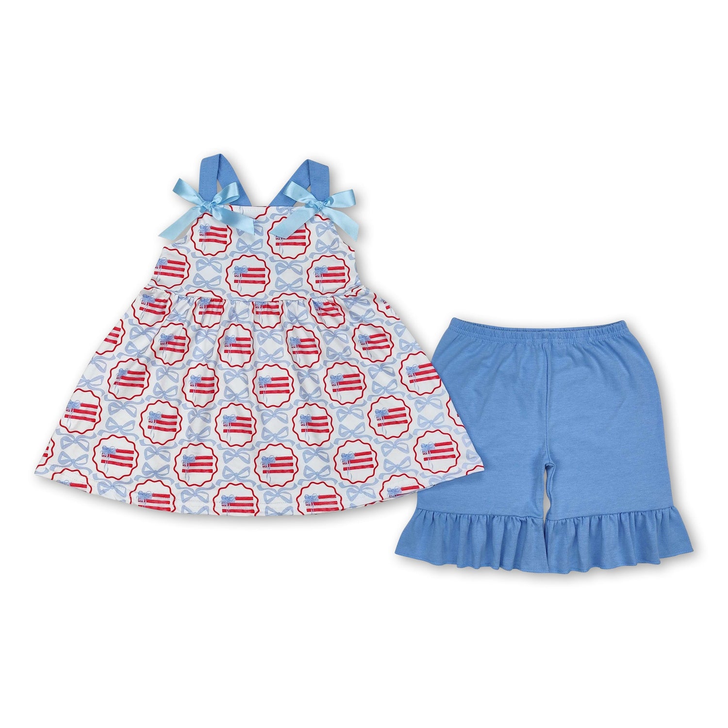 Blue straps bow flag kids girls 4th of july outfits