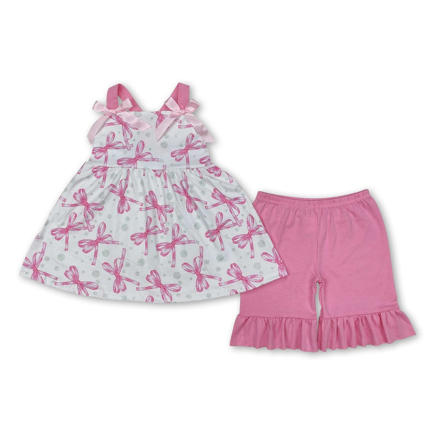 Pink straps tunic ruffle shorts girls clothing set