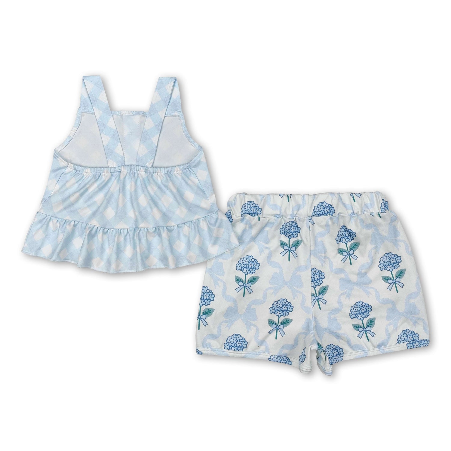 Light blue plaid straps top floral bow shorts girls clothing