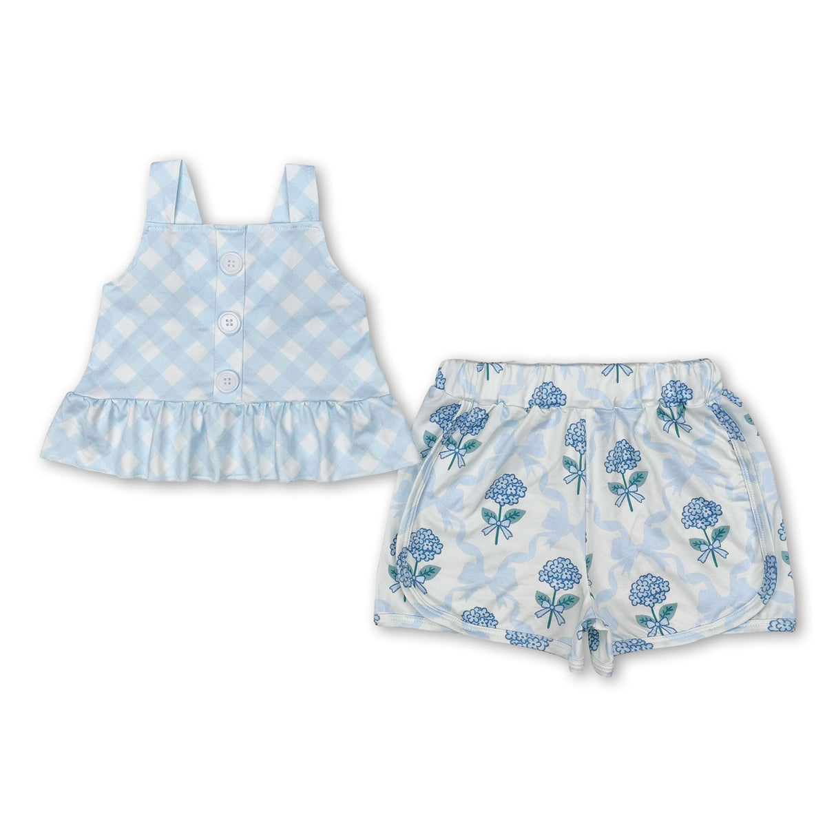 Light blue plaid straps top floral bow shorts girls clothing