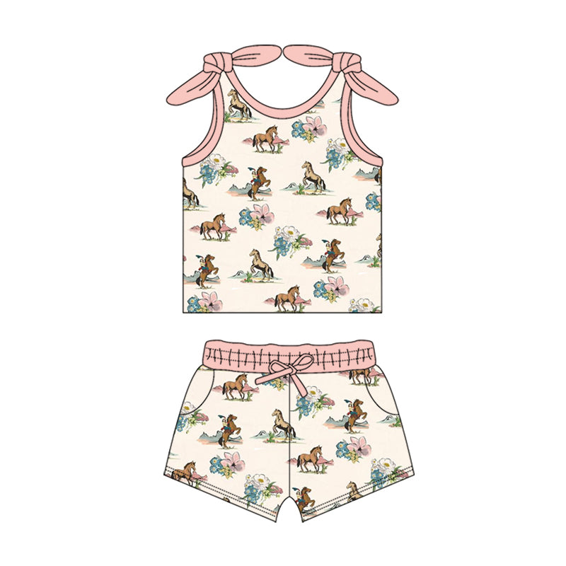 Sleeveless horse rodeo floral top shorts girls clothes
