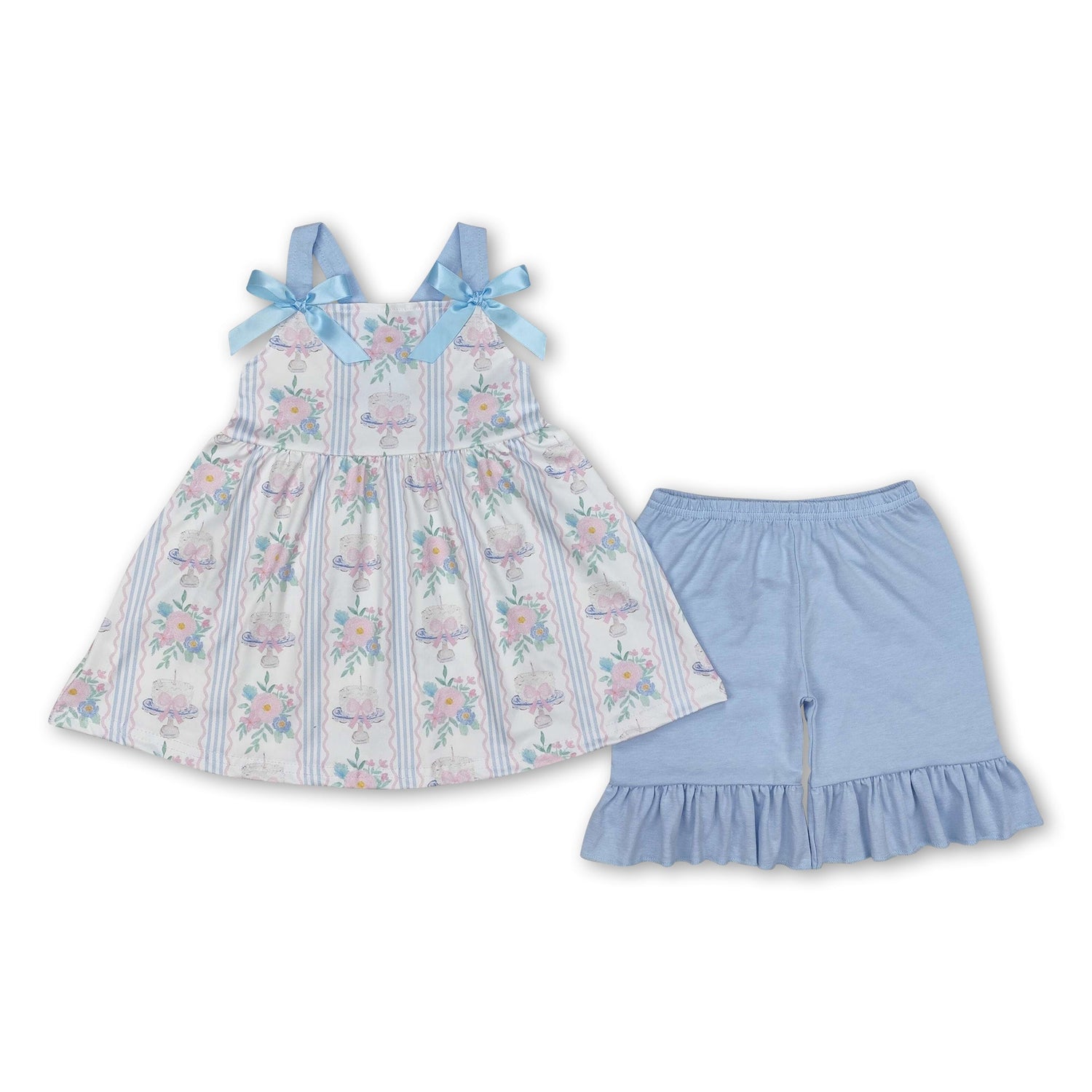 Light blue straps floral cake bow Happy Birthday girls clothes