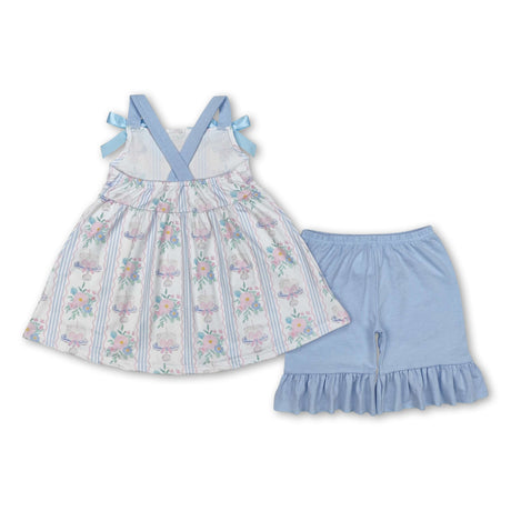 Light blue straps floral cake bow Happy Birthday girls clothes