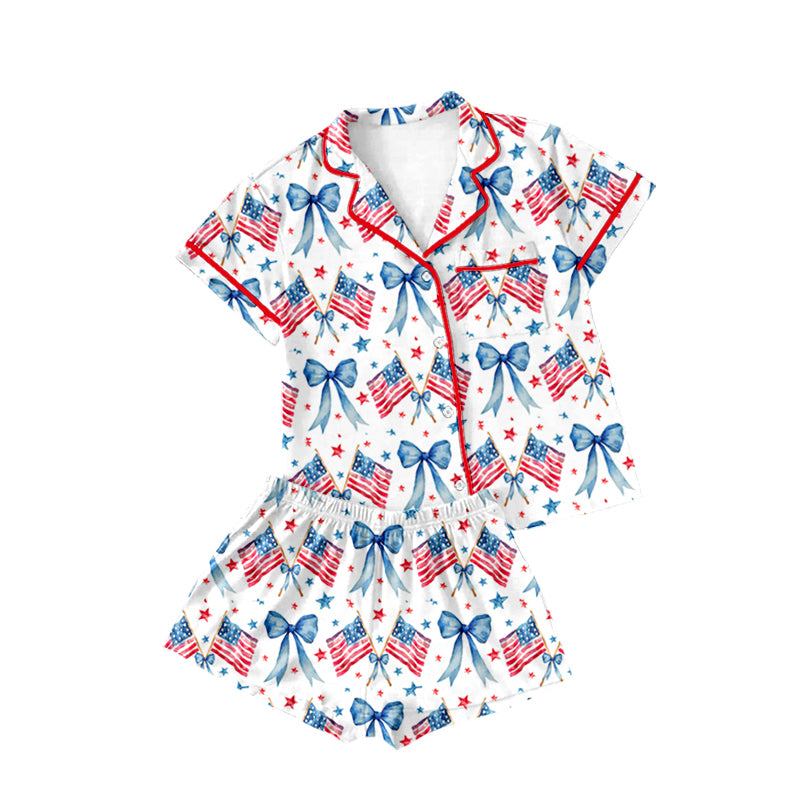 Short sleeves flag bow girls 4th of july button down pajamas