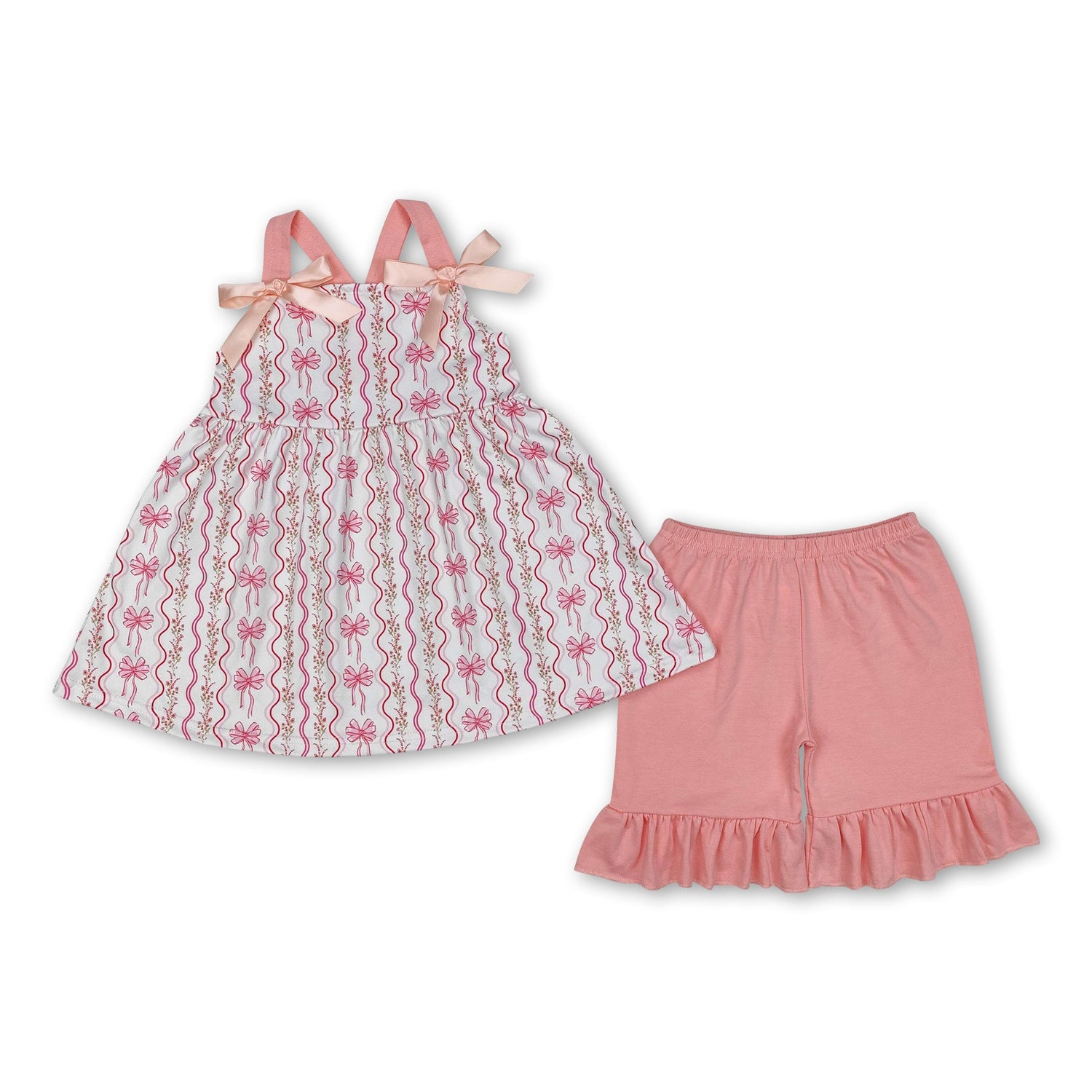 Pink straps floral bow tunic ruffle shorts girls clothing
