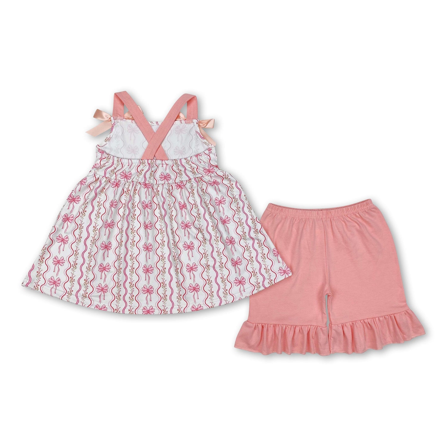 Pink straps floral bow tunic ruffle shorts girls clothing