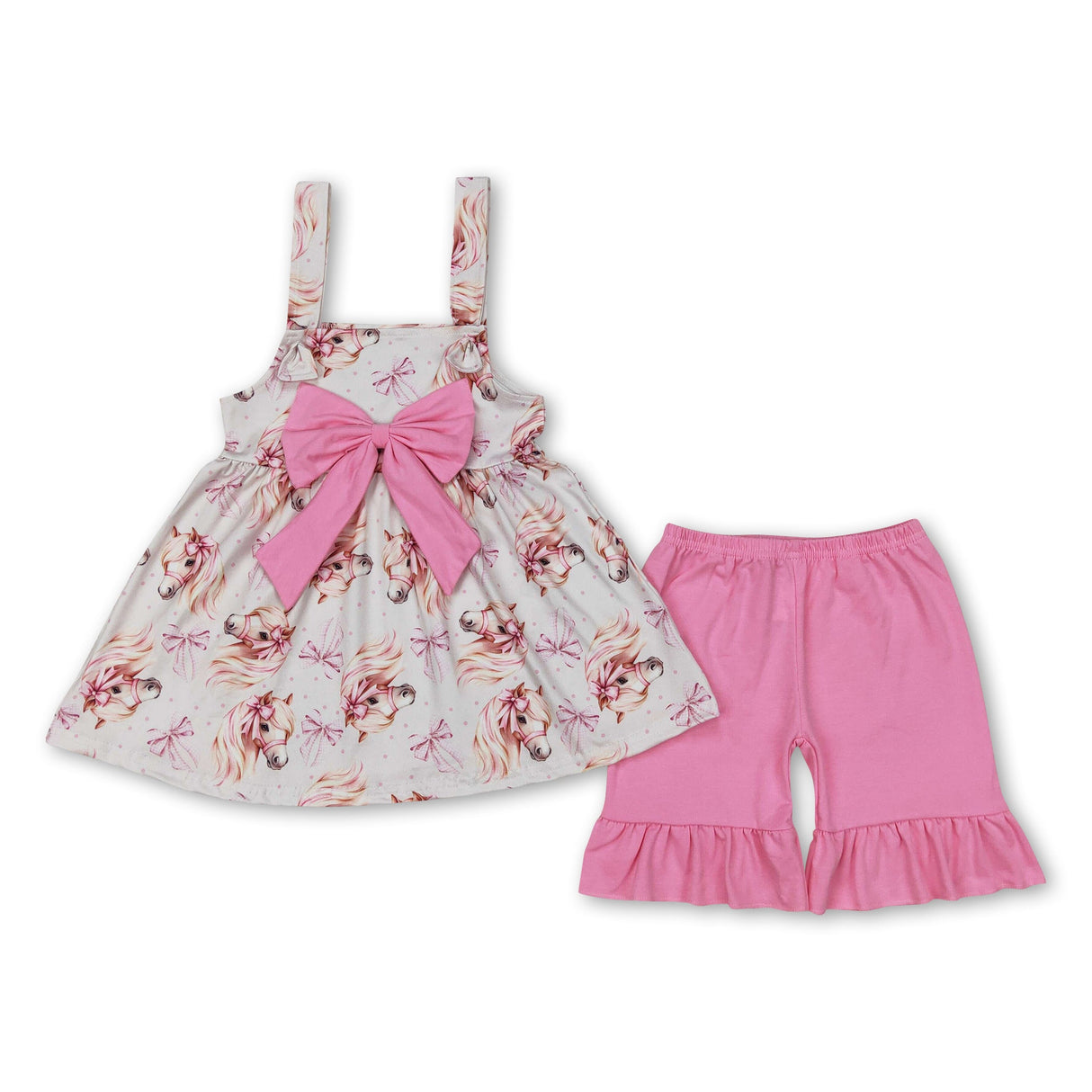 Pink bow straps horse tunic shorts girls summer outfits