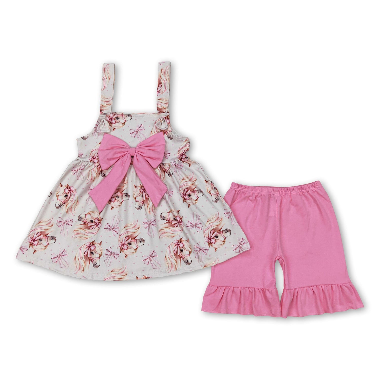Pink bow straps horse tunic shorts girls summer outfits
