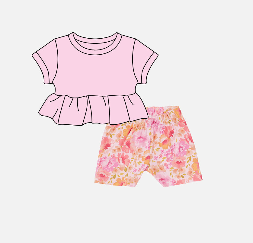 Pink short sleeves ruffle top floral shorts girls outfits