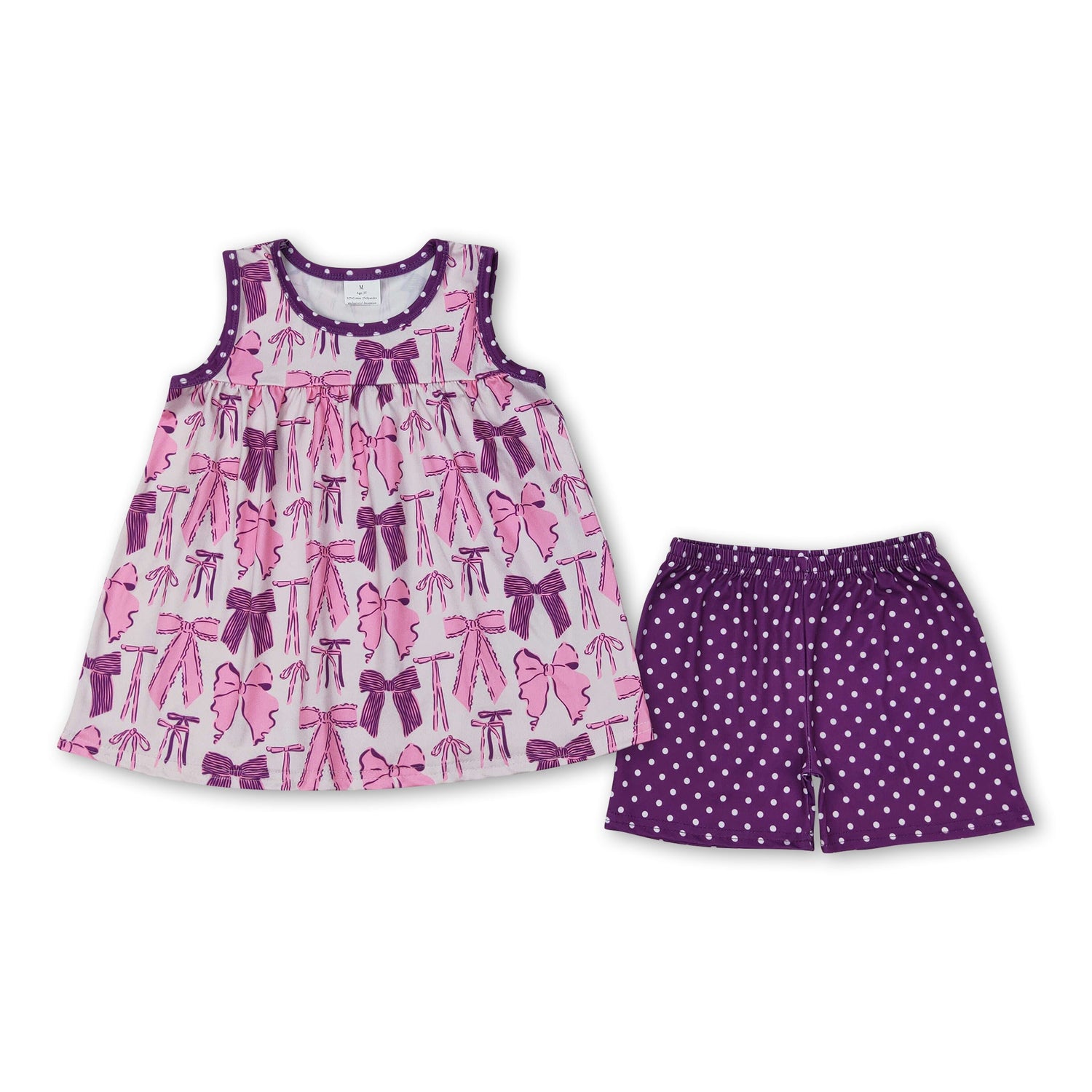Sleeveless purple bow tunic polka dots shorts girls clothes