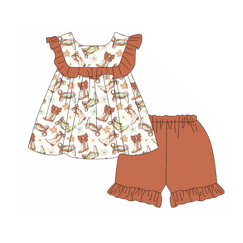 Brown ruffle boots floral tunic shorts western girls clothes