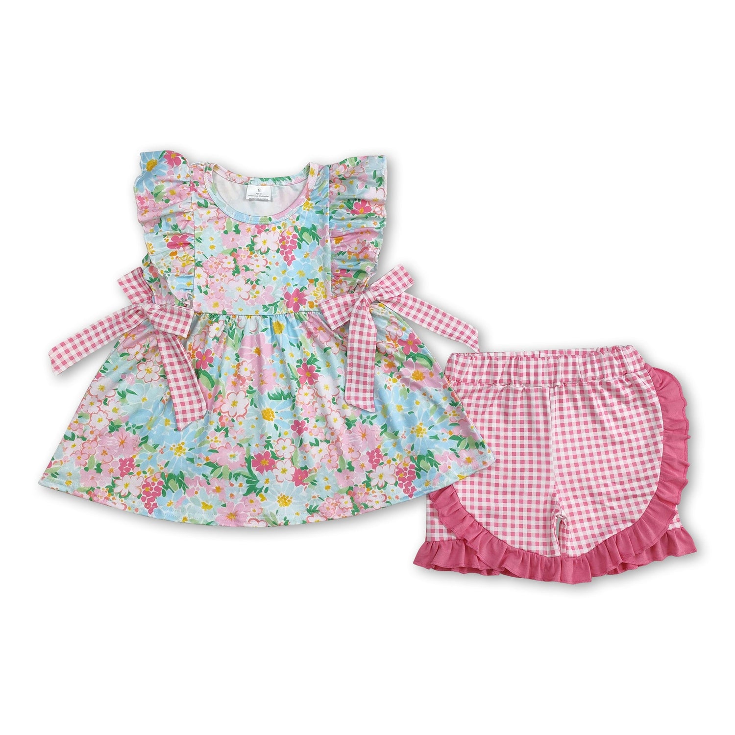 Ruffle pink plaid bow floral baby girls summer clothes