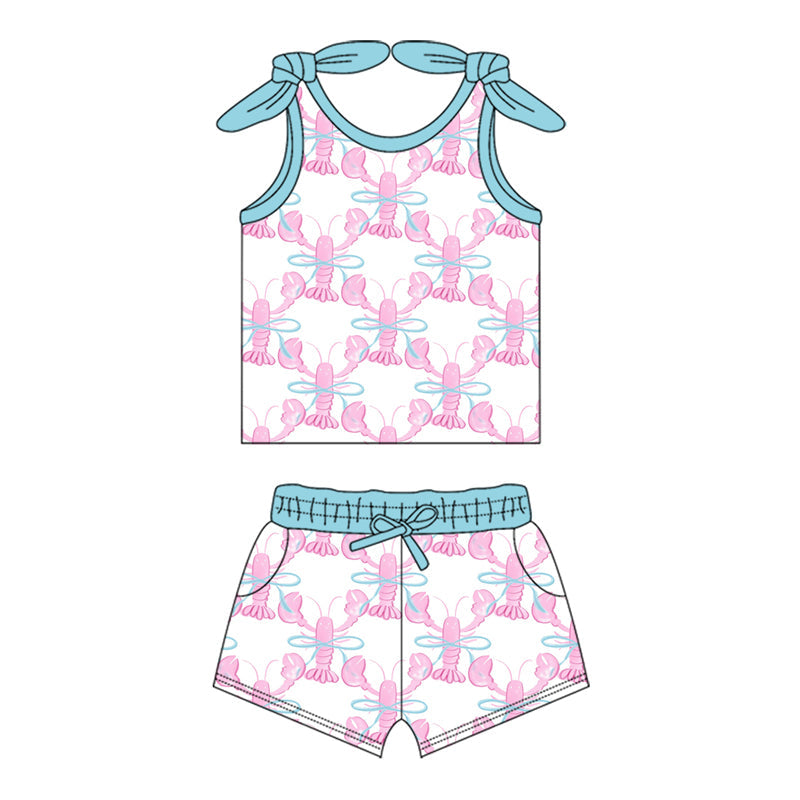 Sleeveless pink crawfish bow baby girls clothing