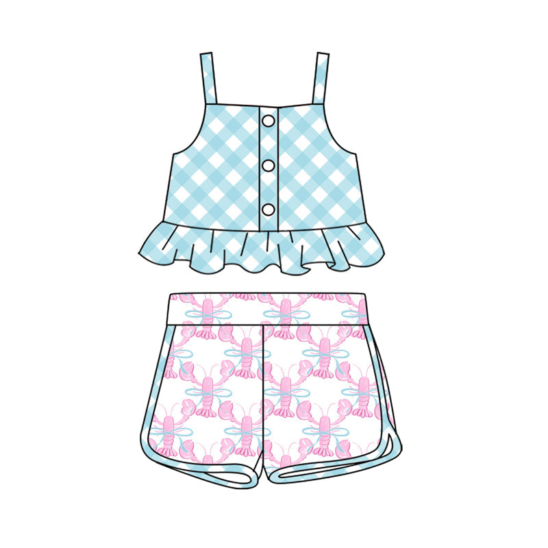 Straps plaid top pink crawfish bow shorts girls clothes