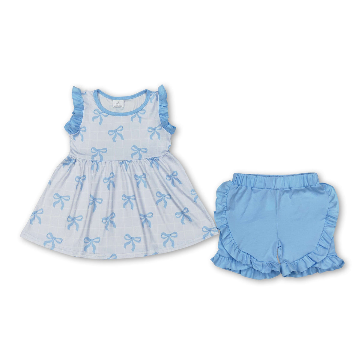 Light blue bow tunic ruffle shorts girls clothing set