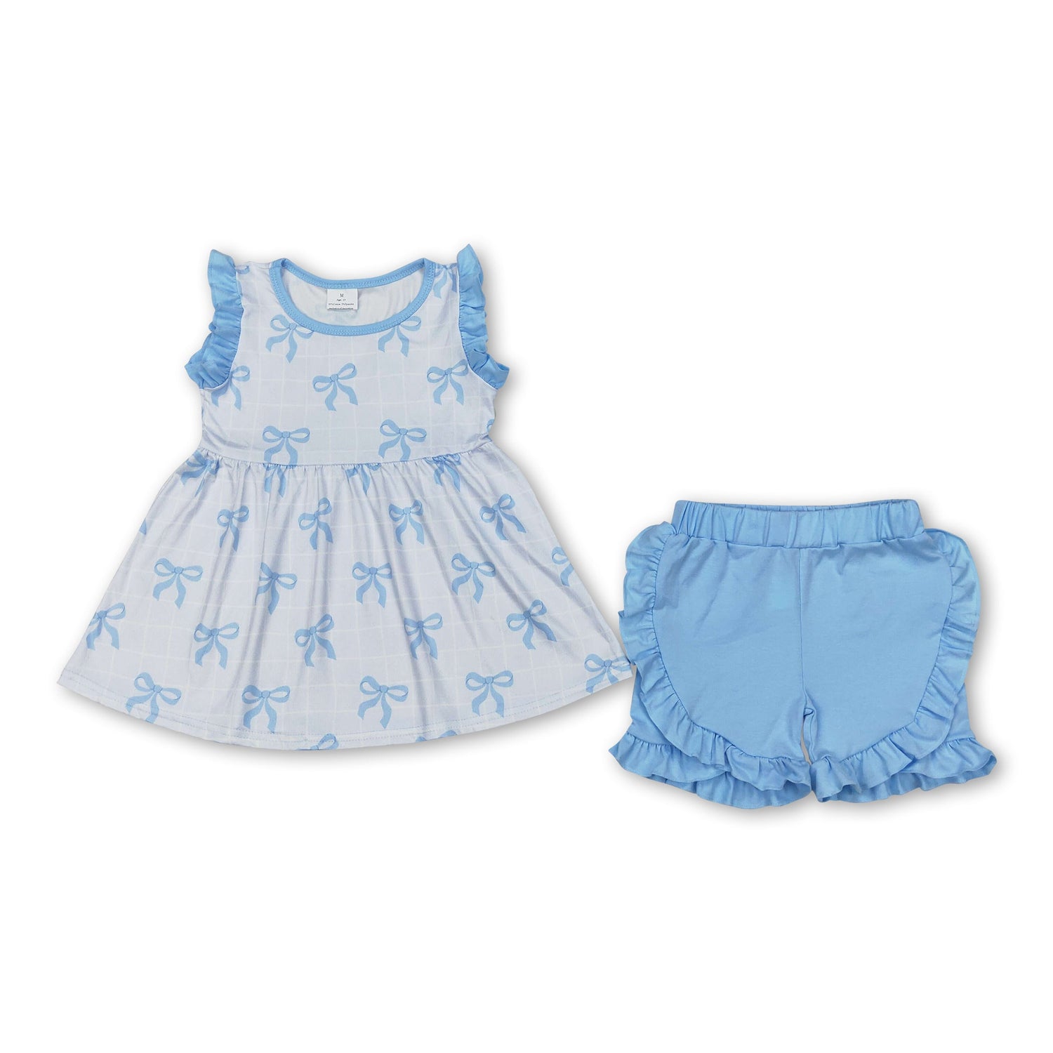 Light blue bow tunic ruffle shorts girls clothing set