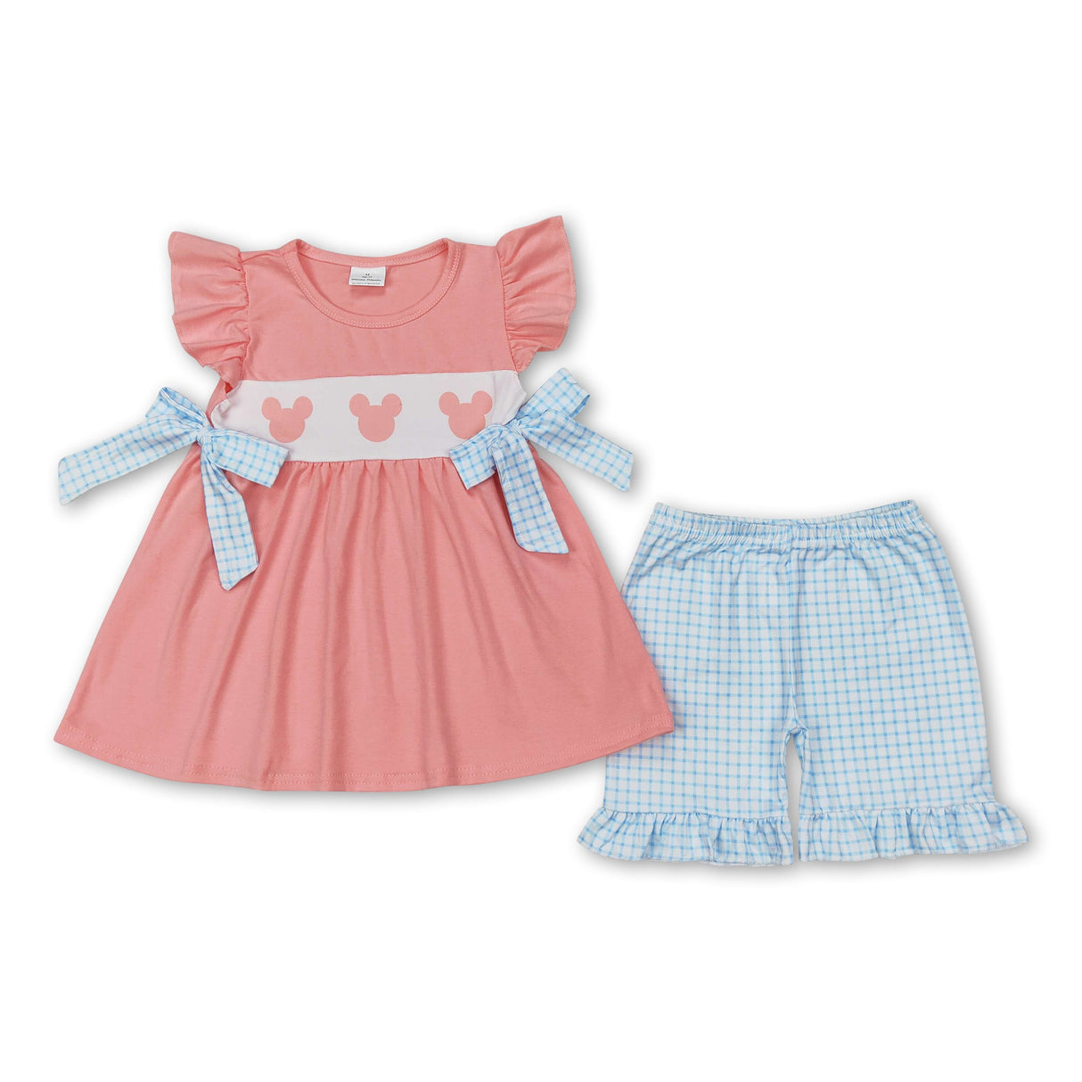 Flutter sleeves mouse tunic plaid shorts girls clothes