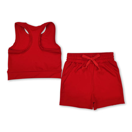 Sleeveless red top pockets shorts girls active wear clothes