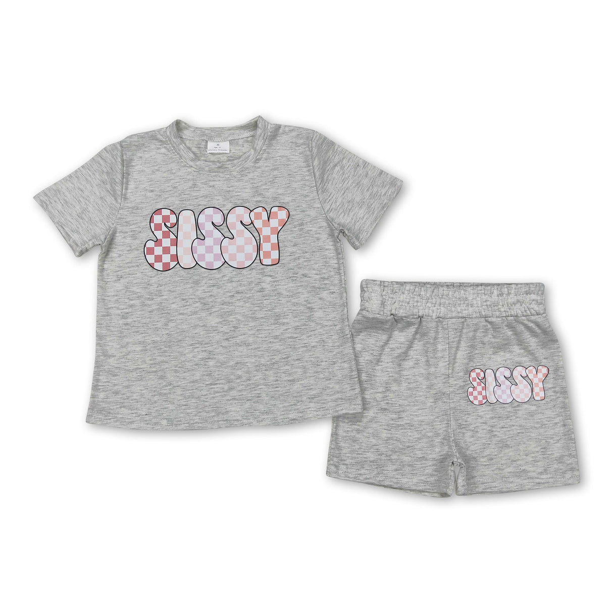 Grey short sleeves plaid sissy top shorts kids clothes