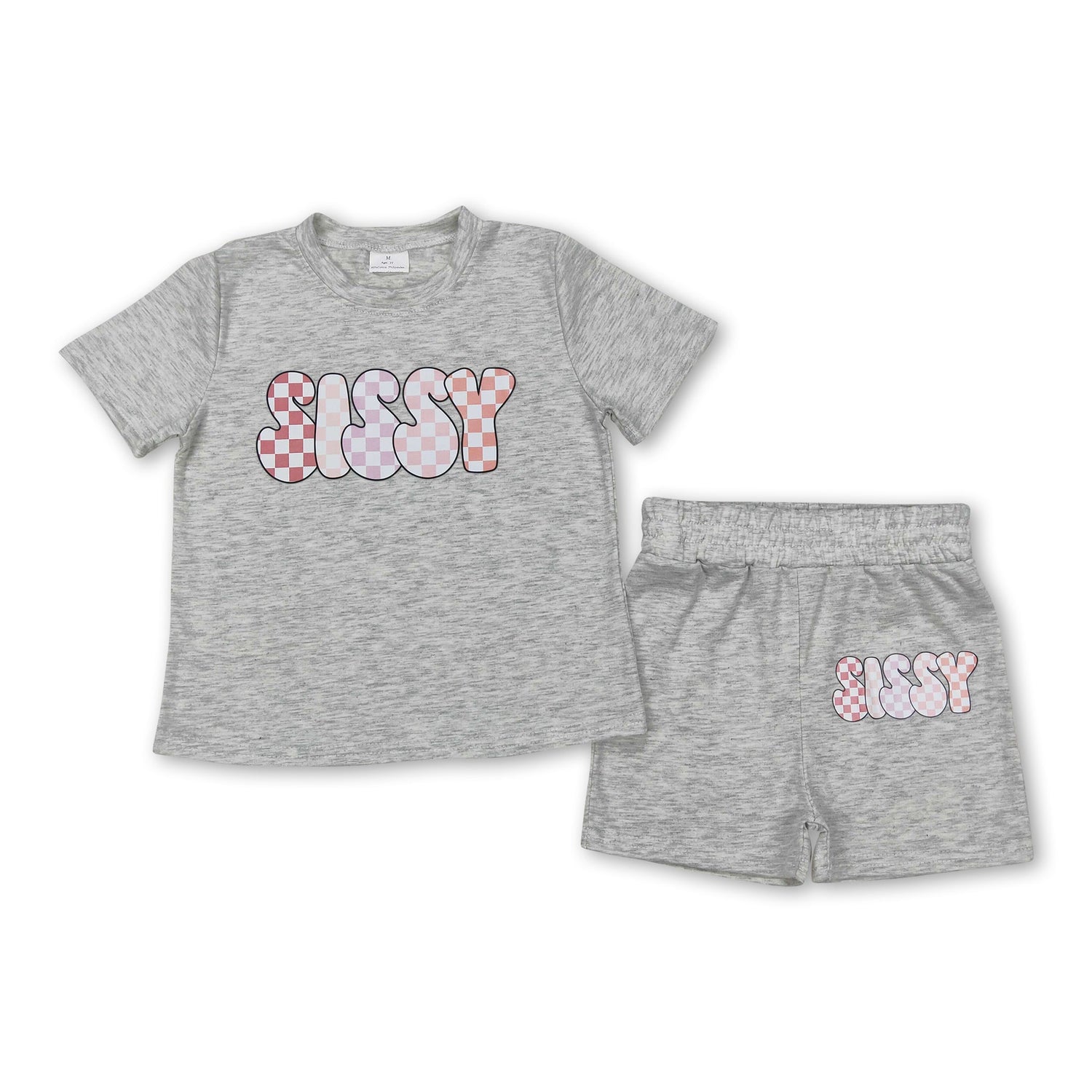 Grey short sleeves plaid sissy top shorts kids clothes
