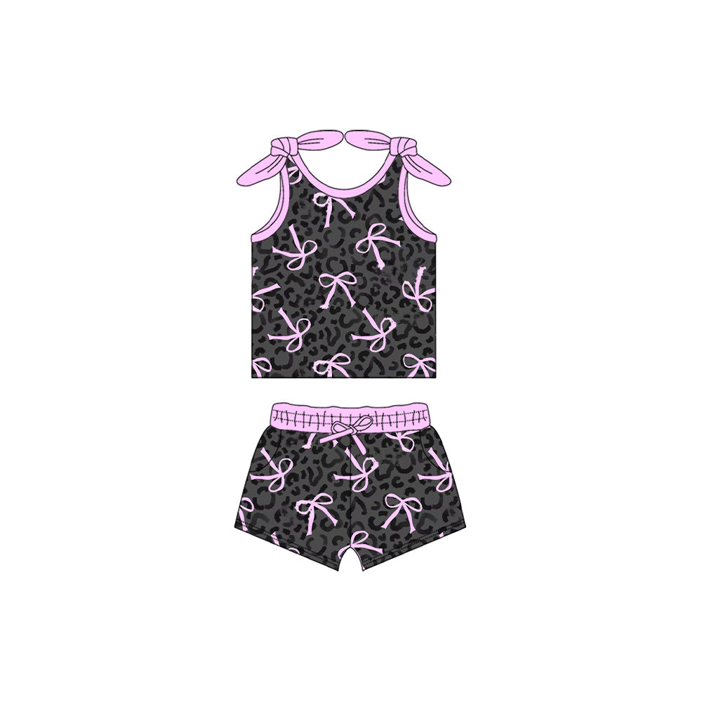 Sleeveless black leopard pink bow kids girls clothes