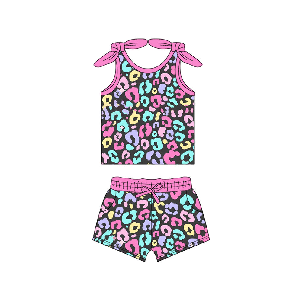Sleeveless colorful leopard pink bow kids girls clothes