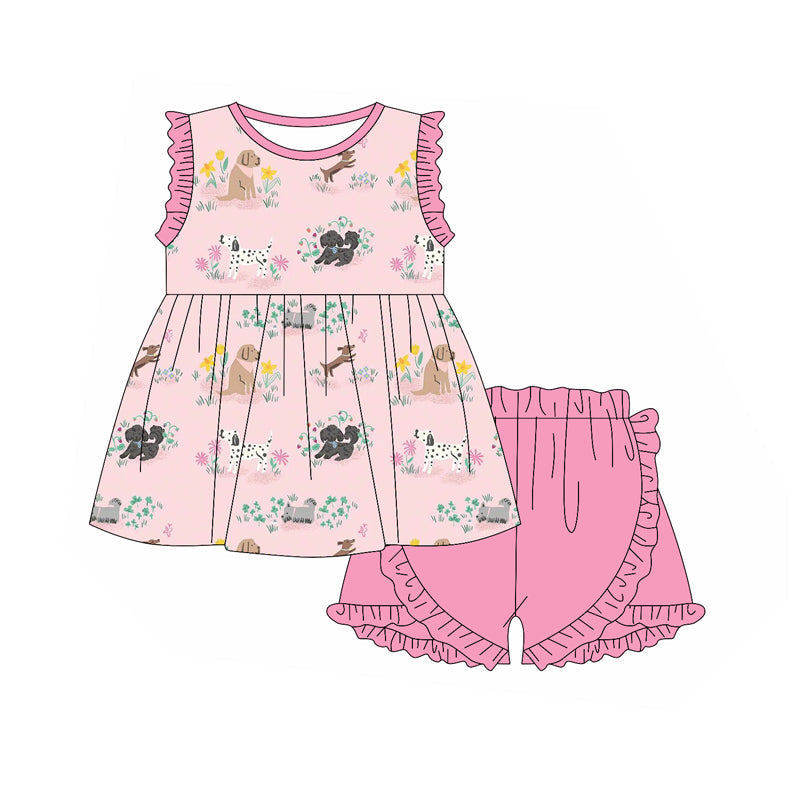 Sleeveless dog floral tunic pink shorts girls clothing set