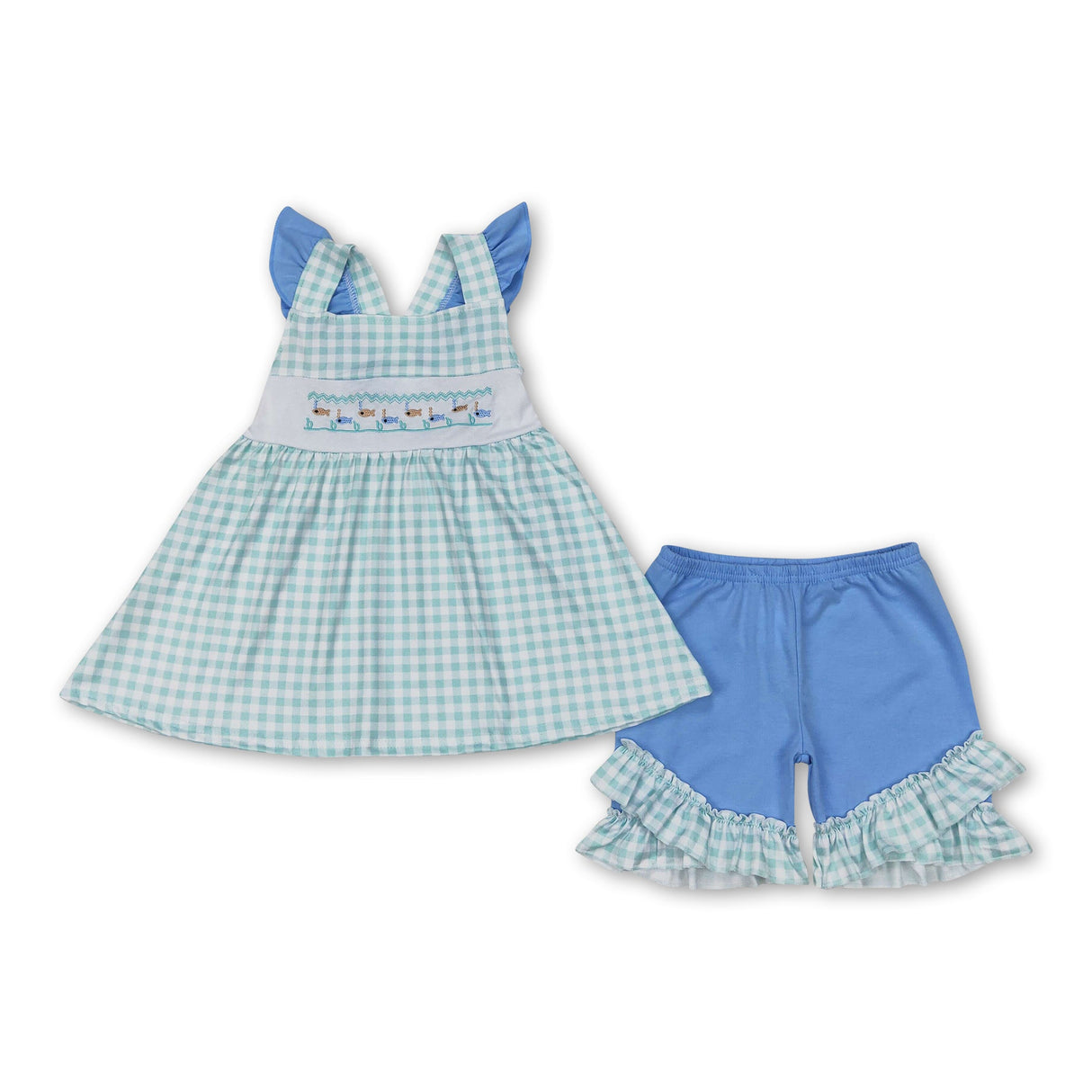 Flutter sleeves fishing plaid tunic shorts girls summer clothes