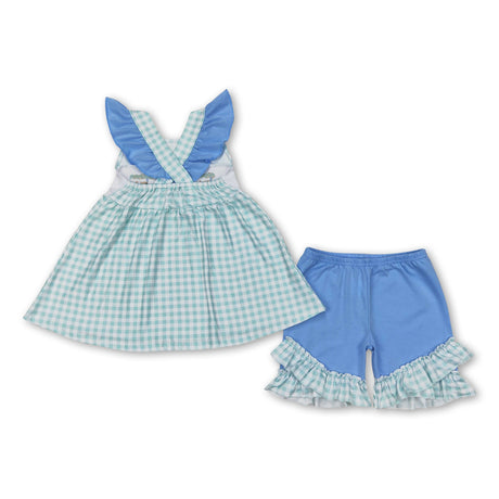 Flutter sleeves fishing plaid tunic shorts girls summer clothes