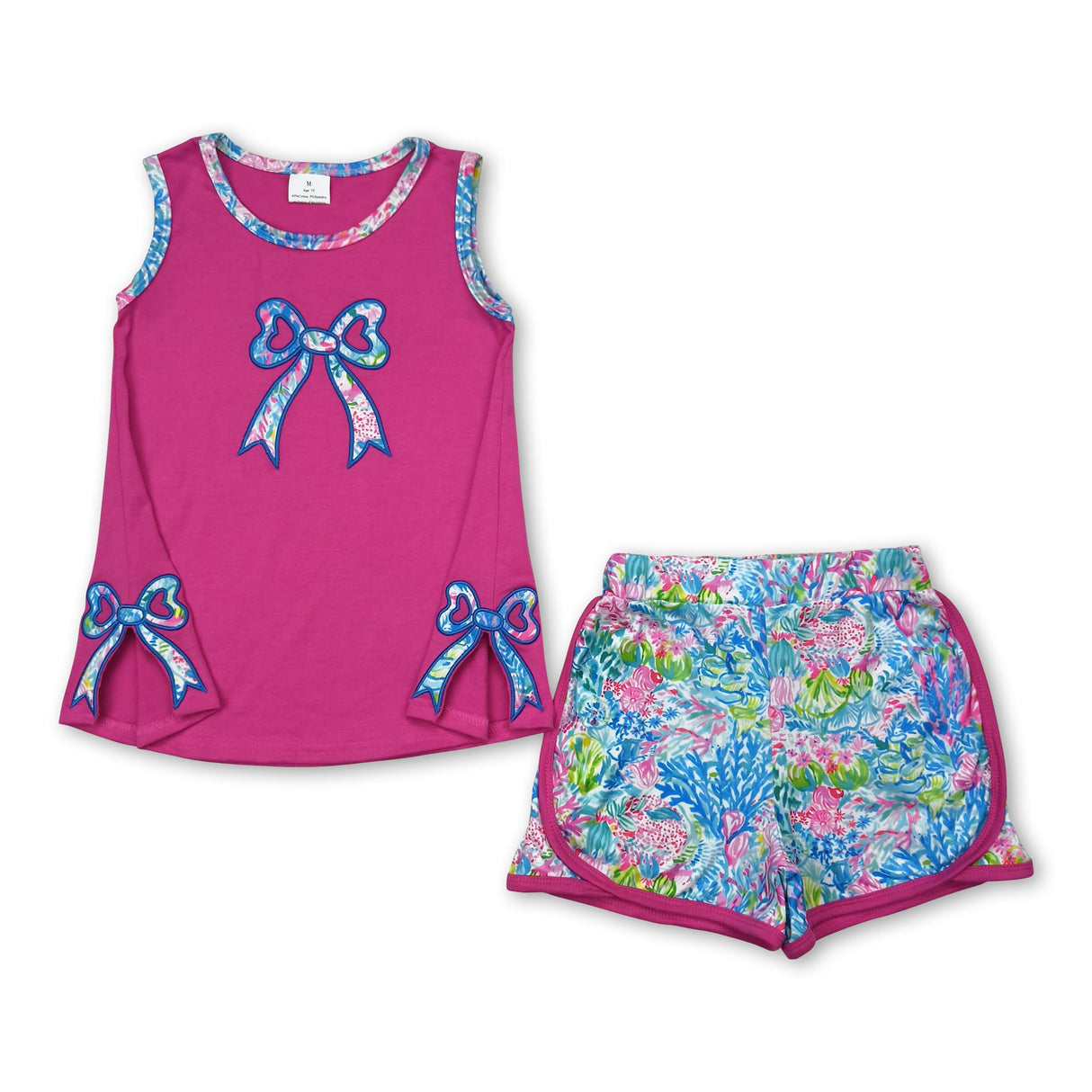 Hot pink sleeveless watercolor bow kids girls summer outfits