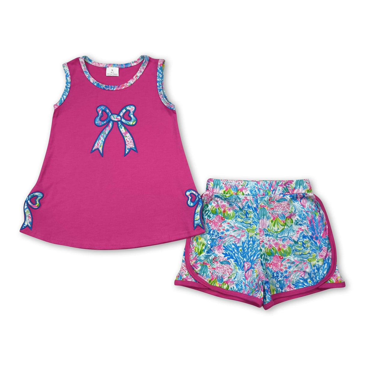 Hot pink sleeveless watercolor bow kids girls summer outfits