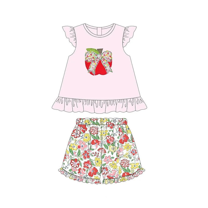 Flutter sleeves apple floral bow girls back to school outfits