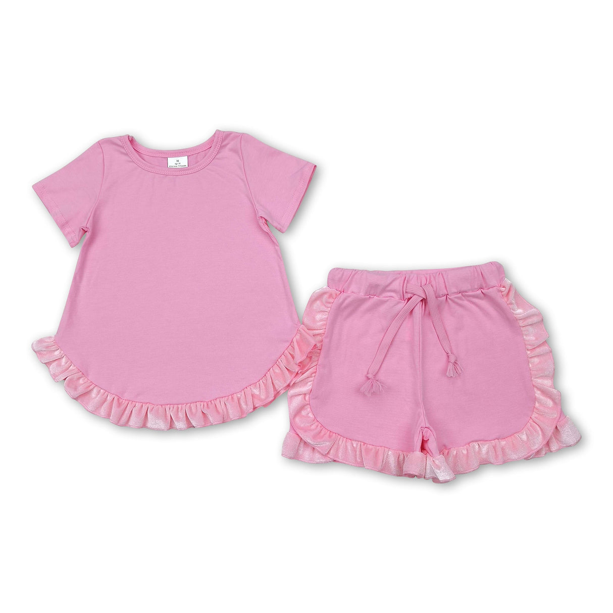 Pink short sleeves ruffle kids girls summer clothes