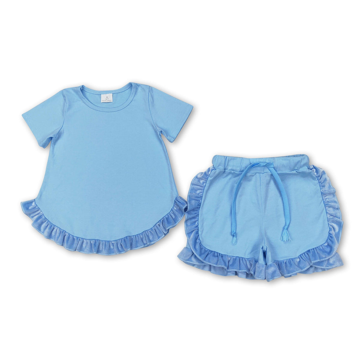 Light blue short sleeves ruffle kids girls summer clothes