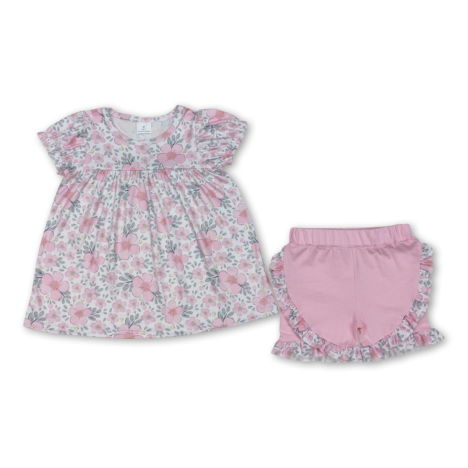 Short sleeves pink floral tunic ruffle shorts girls outfits