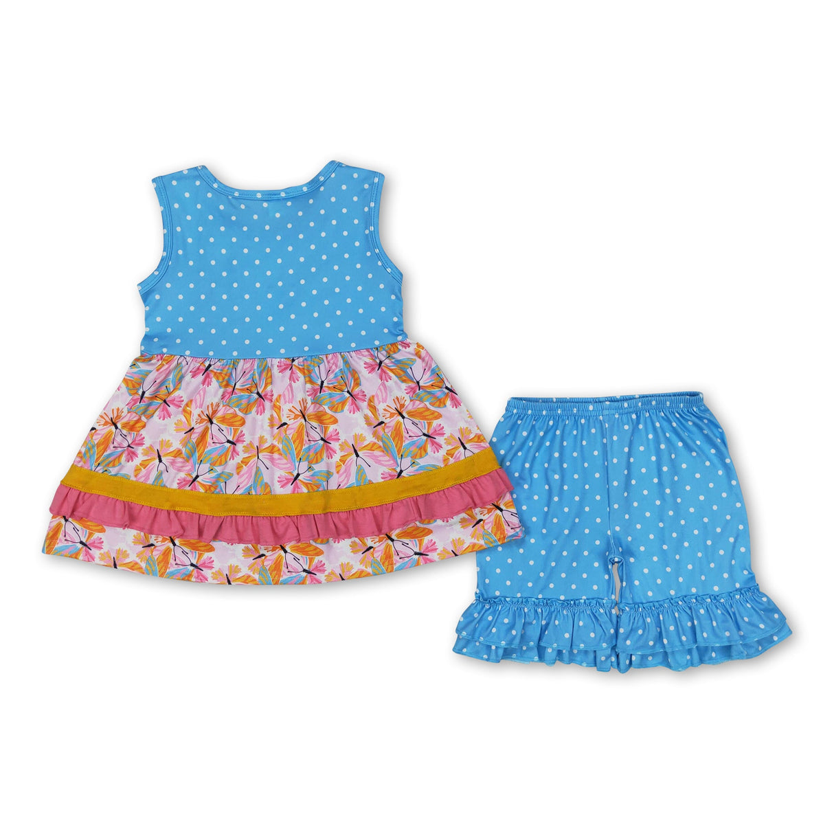 Butterfly ruffle tunic polka dots shorts girls clothes