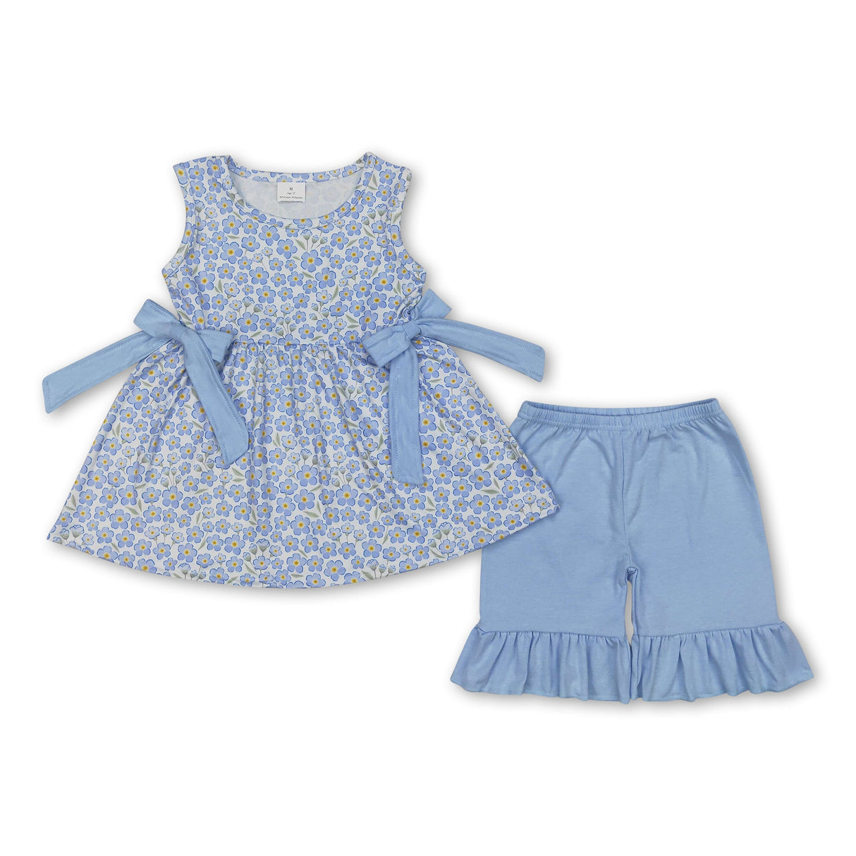 Sleeveless floral bow tunic ruffle shorts girls clothing