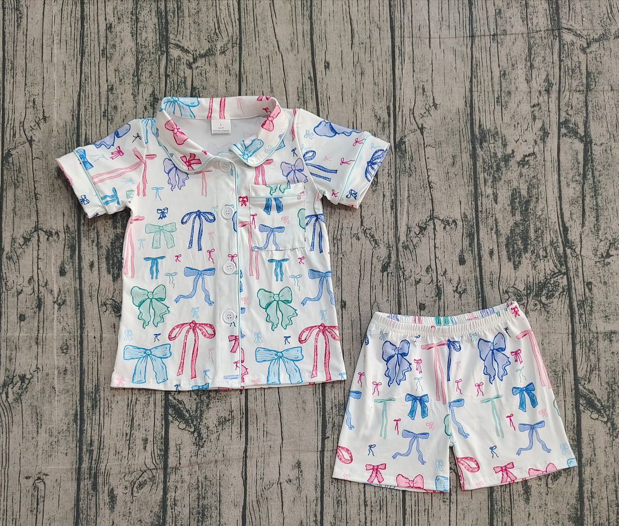 Short sleeves colorful bow kids girls button down pajamas