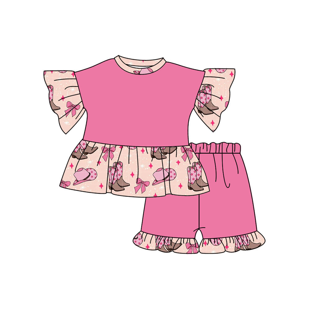 Short sleeves pink boots hat bow western girls clothes