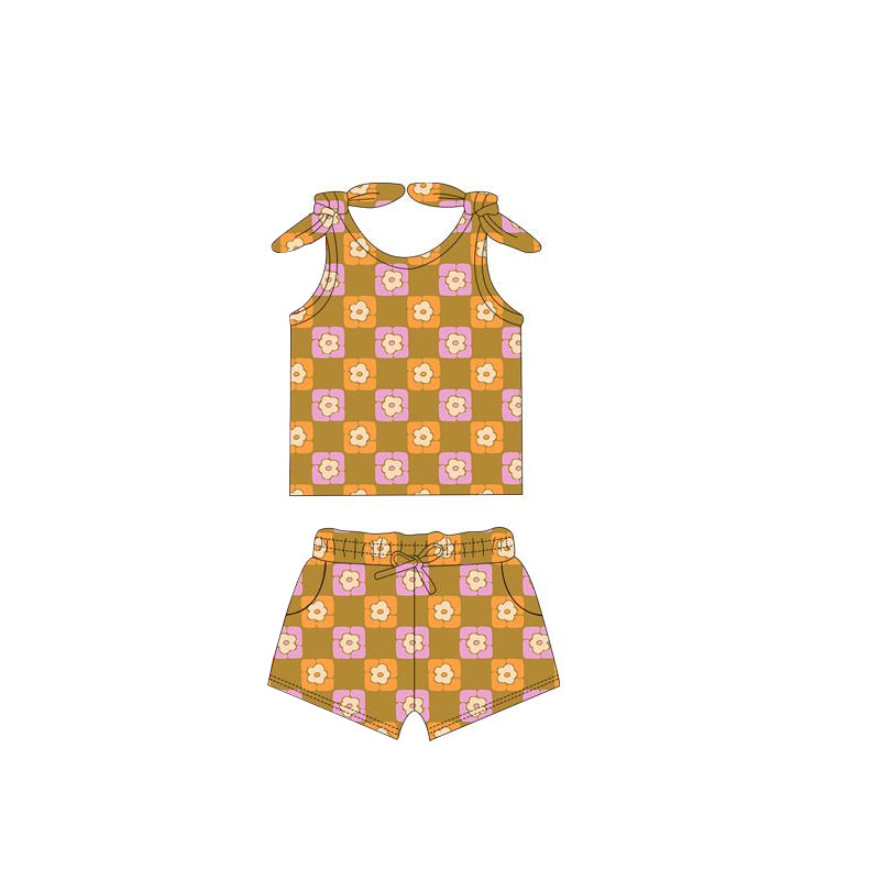 Sleeveless yellow pink floral baby girls summer outfits