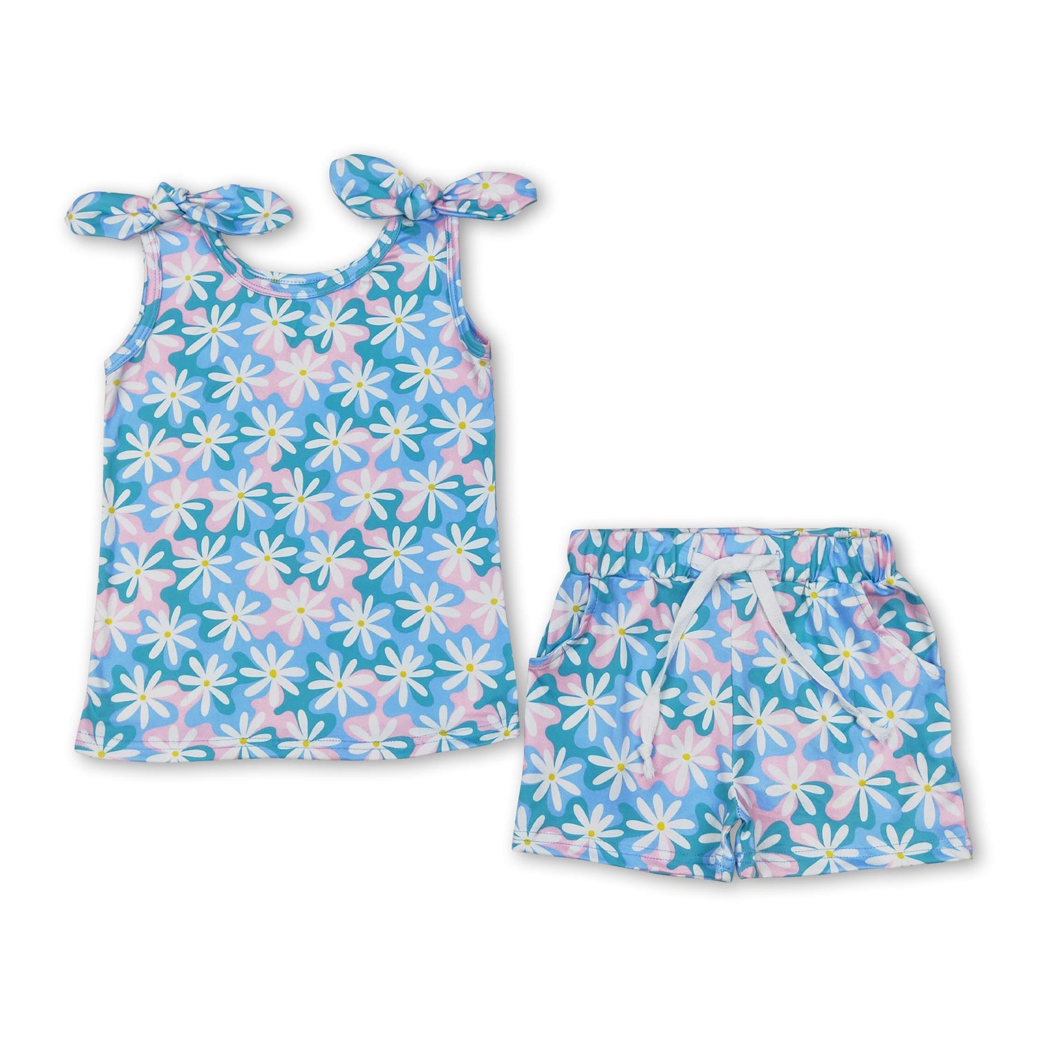 Sleeveless light blue pink floral baby girls summer outfits
